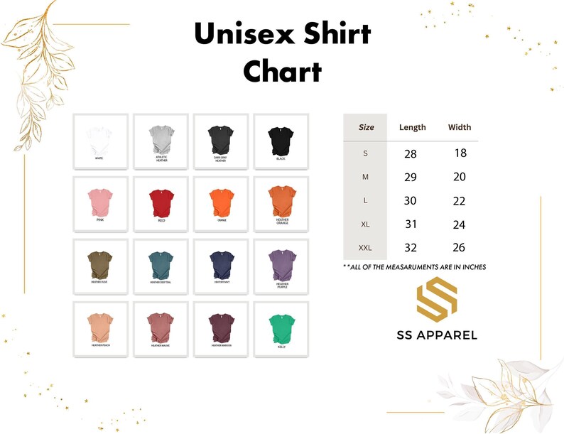 a shirt chart with different colors of shirts