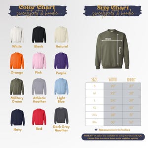 The image is a color chart and size chart for a variety of sweatshirts and hoodies. The chart displays different color options and corresponding measurements for each color, along with corresponding size options and measurements.