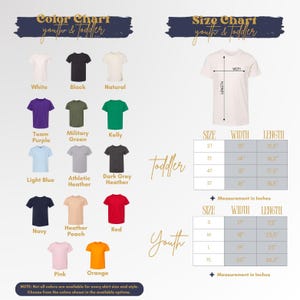 The image is a color chart and size chart for youth and toddler clothing, displaying various shirt colors and sizes for different age groups.