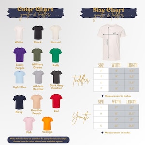 The image is a color chart and size chart for youth and toddler clothing, displaying various shirt colors and sizes for different age groups.