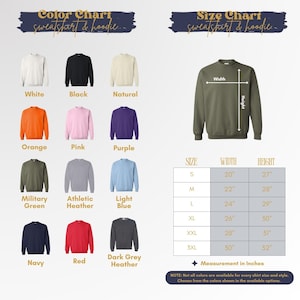 The image is a color chart and size chart for a variety of sweatshirts and hoodies. The chart displays different color options and corresponding measurements for each color, along with corresponding size options and measurements.