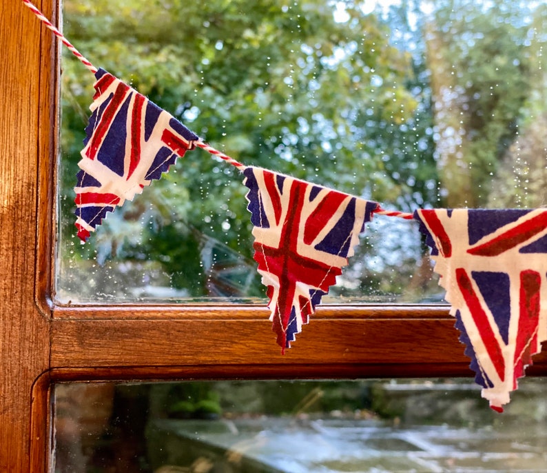 Mini Union Jack bunting! Double sided tiny festive patriotic British bunting for window or desk decor, indoor outdoor jubilee decorations. 