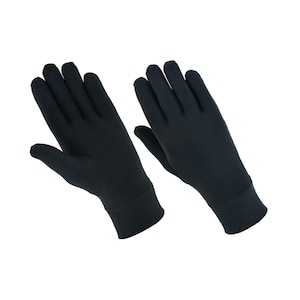 May include: A pair of black fingerless gloves made of a soft, stretchy fabric. The gloves have a ribbed cuff.