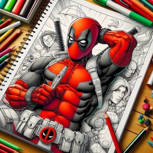 May include: A black and white line drawing of a comic book character, Deadpool, with red and black colouring. Deadpool is wearing a red and black suit with a black belt and a red mask. He is holding a red and black weapon in his right hand. The background is a black and white line drawing of other comic book characters.