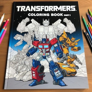 Pode incluir: Uma capa de livro para colorir Transformers com Optimus Prime, Bumblebee e outros robôs em arte de linha em preto e branco. A capa é preta com o título "Transformers Coloring Book Part 5" em texto branco.