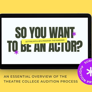 May include: A tablet displays the text "SO YOU WANT TO BE AN ACTOR?" in a bold, dark font, with a yellow banner that reads "GETTING INTO A BFA PROGRAM: THE RUNDOWN." A purple circle with the words "SURVIVE THE AUDITION PROCESS" is in the lower right corner.
