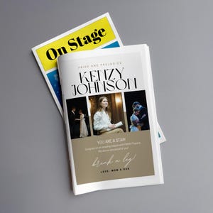 May include: A program for the play "Pride and Prejudice" featuring the name "Kenzy Johnson" in large font. The cover includes photos and the text "On Stage", "You are a star!" and "Break a leg!"