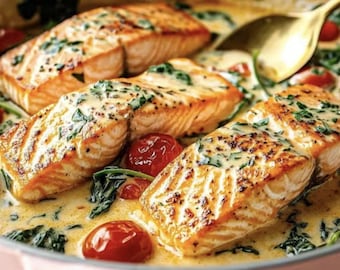Recept på krämig toskansk lax med rostat smörris | Vitlökssmörlax och spenat i en panna | Enkel gourmetmiddag digital nedladdning