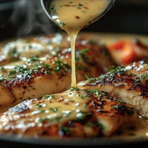 May include: A close-up shot of chicken breasts in a pan, covered in a creamy sauce being poured from a ladle. The chicken is golden brown, garnished with herbs and tomatoes. A culinary dish.