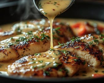 Romige Knoflook Parmezaanse kaas Receptkaart kip, snel 15-minuten valentijnsdiner, digitale pdf-download, eenvoudige gastronomische eenpansmaaltijdinstructies
