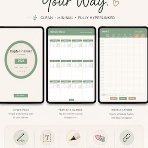 May include: A 2026 digital planner for Goodnotes featuring a cover page, a year at a glance calendar, and a weekly layout. The interface includes icons for handwriting, typing, highlighting, stickers, and hyperlinks, all presented in a sage green and cream color scheme with clear navigation buttons.