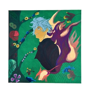 May include: An artistic painting featuring a profile of a person with light blue hair and a black top, set against a vibrant green backdrop. The artwork includes stylized flames and floral elements in shades of purple, orange, and blue.
