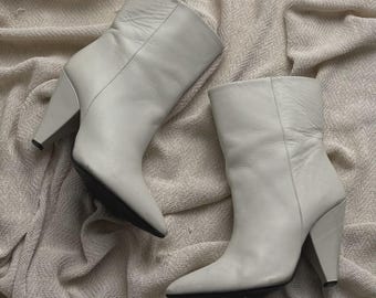 Botines de cuero vintage con punta afilada y tacón de bloque, talla 36 para mujer.