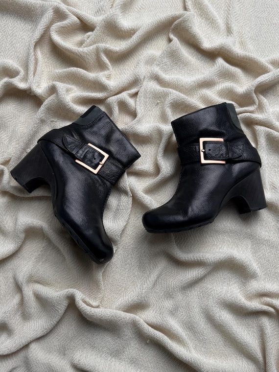 Vintage Black Leather Ankle Boots Block Heel Buckle Retro Y2K Women Shoes