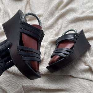 Vintage Black Platform Wedge Sandals Leather Strappy Chunky Heel Y2K Summer Shoes