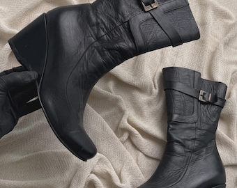 Vintage Black Leather Wedge Ankle Boots Buckle Moto Boots Gothic Y2K Shoes