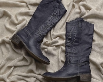 Vintage Leather Cowboy Western Mid Calf Embroidered Boots Women's Size 36