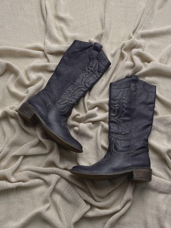 Vintage Leather Cowboy Western Mid Calf Embroidered Boots Women's Size 36