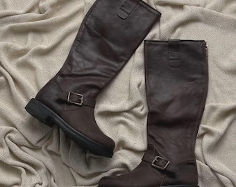 Bottes hautes en cuir vintage avec boucle, fermeture éclair décontractée pour femmes, taille 36,5