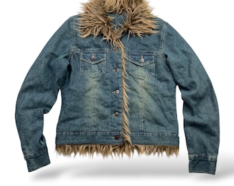 Vintage Cropped Denim Jacket With Faux Fur Details W109 Women's Size M