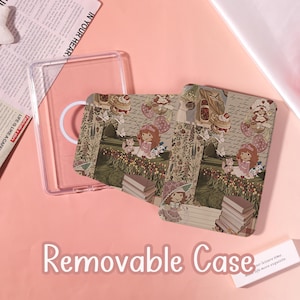May include: A clear plastic tablet case with a magnetic ring on the back, accompanied by two rectangular covers featuring a collage print of a cartoon girl, flowers, butterflies, pastries, and stacks of books in muted earth tones and pinks.