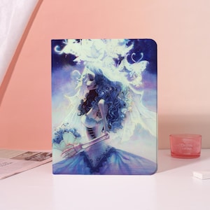May include: A digital art print featuring a skeletal bride in a flowing blue gown and veil. The artwork has a fantasy theme with a soft, ethereal color palette of blues and whites. The bride is holding a bouquet.