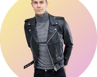 May include: A black leather motorcycle jacket with a zipper closure and a gray turtleneck sweater underneath.