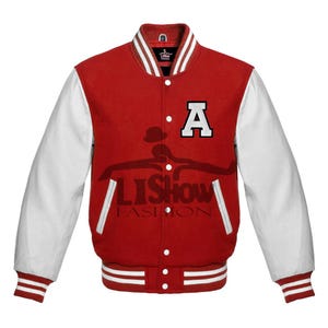 Men's Varsity Baseball Letterman Bomber A logo Jacket Red Wool & White Genuine Leather Sleeves