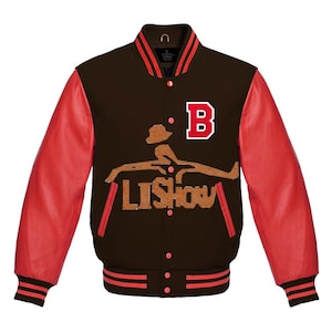 Men's Varsity Baseball Letterman Bomber B logo Jacket Brown Wool & Red Genuine Leather Sleeves