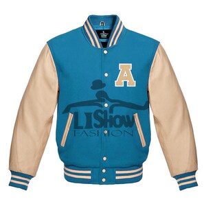 Men&#39;s Varsity Baseball Letterman Bomber A logo Jacket Sky Wool & Cream Genuine Leather Sleeves