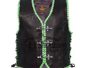 Chaleco sin mangas de cuero de vaca negro elegante para motociclista de hombre con ribete blanco y verde Kelly