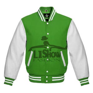 Męska kurtka baseballowa Varsity Letterman Bomber z wełny Kelly Green i białych skórzanych rękawów