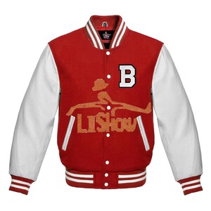 Men&#39;s Varsity Baseball Letterman Bomber B logo Jacket Red Wool & White Genuine Leather Sleeves
