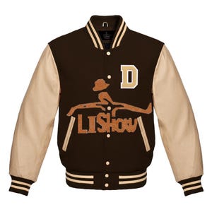 Men's Varsity Baseball Letterman Bomber D logo Jacket Brown Wool & Cream Genuine Leather Sleeves