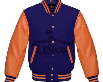 Herr Varsity Baseball Letterman Bomberjacka Marinblå Ull & Orange Äkta Läderärmar