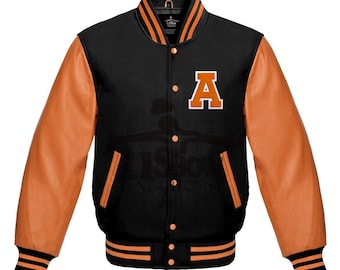 Men's Varsity Baseball Letterman Bomber A logo Jacket Black Wool & Orange Genuine Leather Sleeves