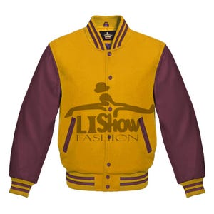 Men's Varsity Baseball Letterman Bomber Jacket Yellow Gold Wool & Maroon Genuine Leather Sleeves