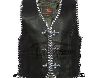 Chaleco sin mangas de cuero de vaca negro elegante para motociclista de hombre con bordes blancos y negros