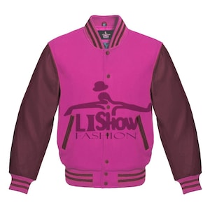 Men's Varsity Baseball Letterman Bomber Jacket Light Pink Wool & Maroon Genuine Leather Sleeves