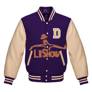 Men's Varsity Baseball Letterman Bomber D logo Jacket Purple Wool & Cream Genuine Leather Sleeves