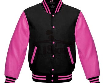 Men's Varsity Baseball Letterman Bomber Jacket Black Wool & Light Pink Genuine Leather Sleeves