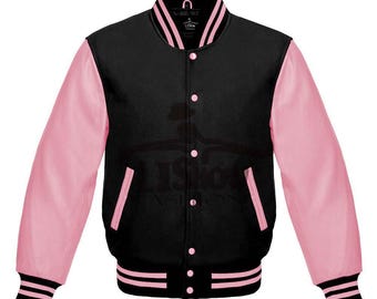 Men's Varsity Baseball Letterman Bomber Jacket Black Wool & Baby Pink Genuine Leather Sleeves
