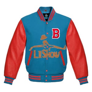 Men's Varsity Baseball Letterman Bomber B logo Jacket Sky Wool & Red Genuine Leather Sleeves