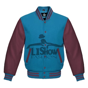 Men's Varsity Baseball Letterman Bomber Jacket Sky Wool & Maroon Genuine Leather Sleeves