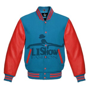 Men's Varsity Baseball Letterman Bomber Jacket  Sky Wool & Red Genuine Leather Sleeves