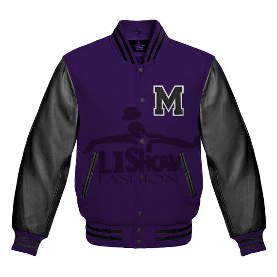 Men's Varsity Baseball Letterman Bomber M Logo Jacket Purple Wool