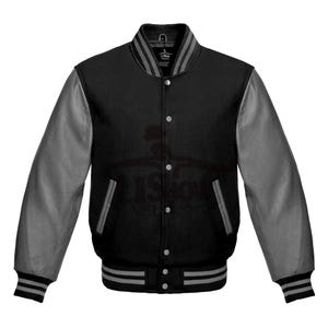May include: Black varsity jacket with gray leather sleeves. The jacket features a button-up front, two front pockets, and striped cuffs and hem. The collar and cuffs have gray stripes.