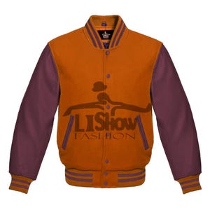 Men's Varsity Baseball Letterman Bomber Jacket Orange Wool & Maroon Genuine Leather Sleeves