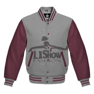 Men's Varsity Baseball Letterman Bomber Jacket Light Grey Wool & Maroon Genuine Leather Sleeves