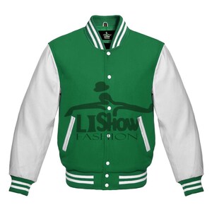 Męska kurtka baseballowa Varsity Letterman Bomber Jacket w kolorze jasnozielonym z wełną i białymi rękawami ze skóry naturalnej